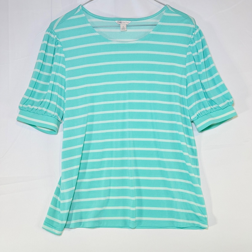 Cato Womens Aqua White Striped Puff Sleeve Knit Top Size S Crew Neck Casual